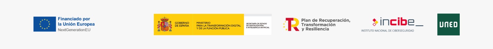 Logos de las entidades financiadora del curso: Fondos Next Generation de la Union Europea; Ministerio para la Transformación Digital y de ka Función Pública; Plan de Recuperación, Transformación y Resilencia;  INCIBE; UNED